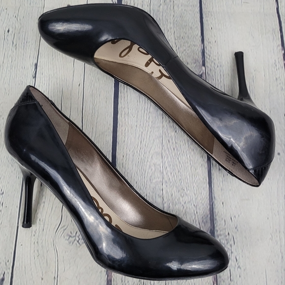 SAM EDELMAN | Camdyn almond toe faux/vegan patent pumps heels - Picture 3 of 11